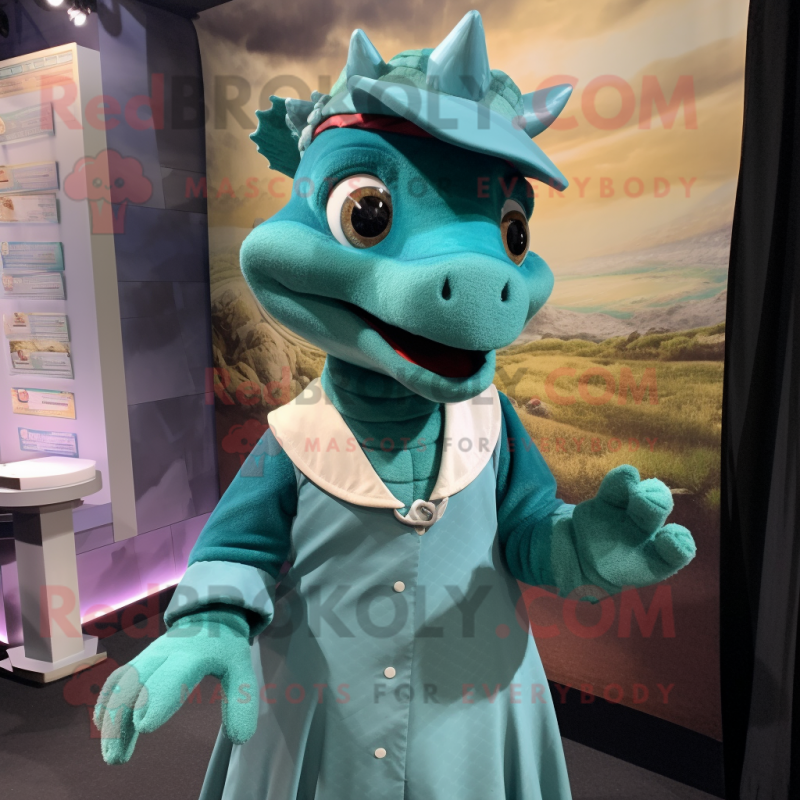 Teal Dragon mascot costume character dressed with a Skirt and Berets