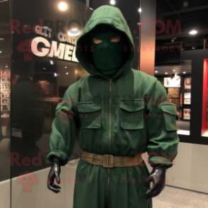 Forest Green Gi Joe mascot costume character dressed with a Hoodie and Cummerbunds