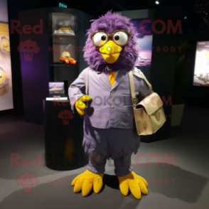 Purple Canary mascot costume character dressed with a Oxford Shirt and Coin purses