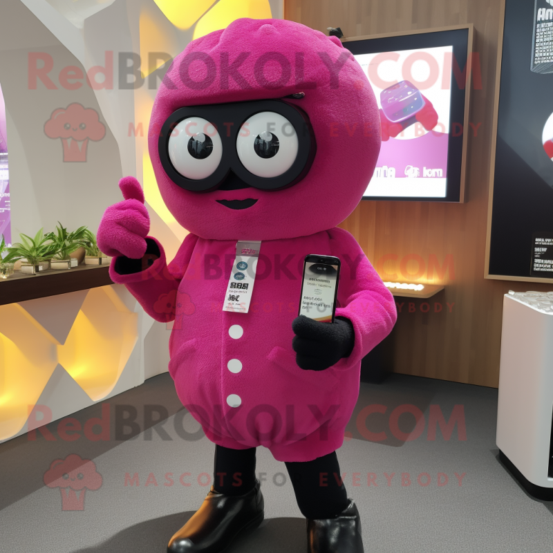 Magenta Sushi mascot costume character dressed with a Suit Pants and Smartwatches