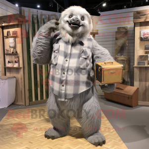 Gray Giant Sloth mascot costume character dressed with a Flannel Shirt and Clutch bags