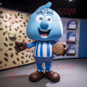 Blue Chocolates mascot costume character dressed with a Rugby Shirt and Shoe clips