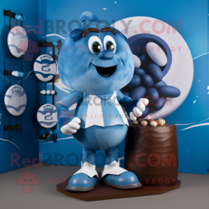 Blue Chocolates mascot costume character dressed with a Rugby Shirt and Shoe clips