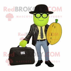 Lemon Yellow Cucumber mascot costume character dressed with a Biker Jacket and Briefcases