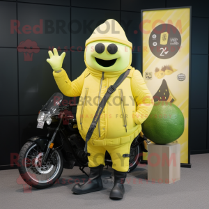 Lemon Yellow Cucumber mascot costume character dressed with a Biker Jacket and Briefcases