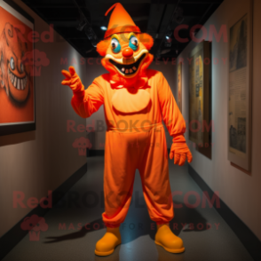 Orange Evil Clown mascot costume character dressed with a Romper and Caps