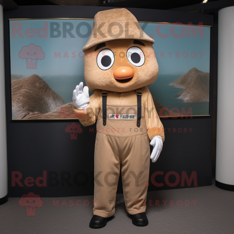 Tan Fried Rice mascot costume character dressed with a Dungarees and Caps