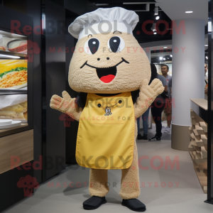 Tan Fried Rice mascot costume character dressed with a Dungarees and Caps