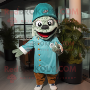 Turquoise Ceviche mascot costume character dressed with a Parka and Berets