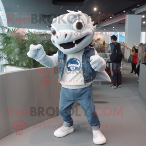 Gray Barracuda mascot costume character dressed with a Jeans and Watches