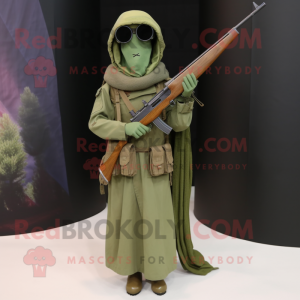 Olive Sniper mascot costume character dressed with a Midi Dress and Shawl pins