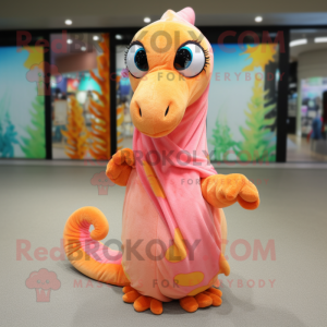 Peach Sea Horse mascot costume character dressed with a Cover-up and Scarves