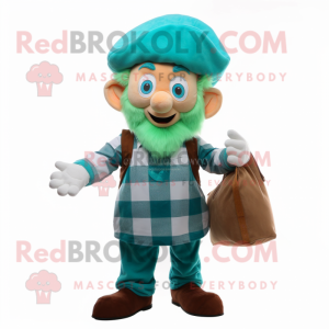 Cyan Leprechaun Hat mascot costume character dressed with a Flannel Shirt and Clutch bags