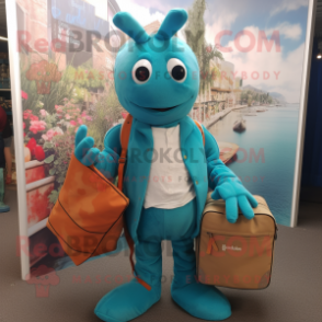 Teal Lobster Bisque mascot costume character dressed with a Waistcoat and Tote bags