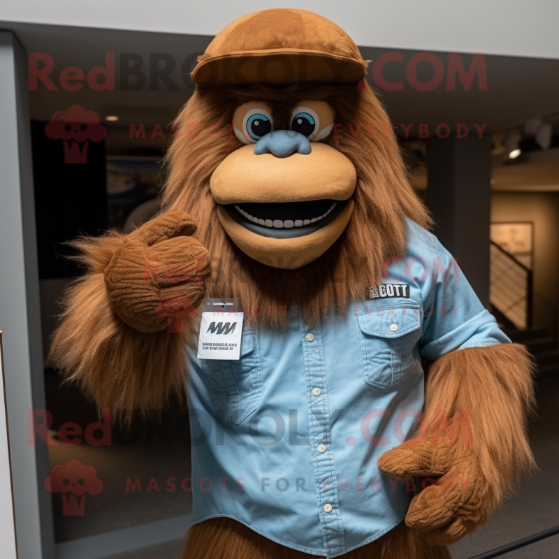 Brown Sasquatch mascot costume character dressed with a Denim Shirt and Gloves