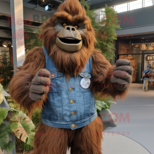 Brown Sasquatch mascot costume character dressed with a Denim Shirt and Gloves