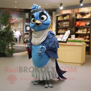 Olive Blue Jay mascot costume character dressed with a Maxi Dress and Coin purses