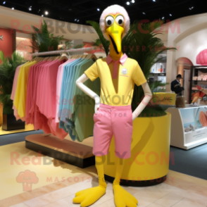 Lemon Yellow Flamingo mascot costume character dressed with a Tank Top and Pocket squares