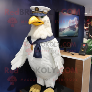 Navy Chicken mascot costume character dressed with a Blouse and Cufflinks