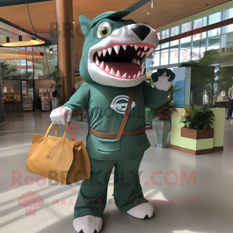 Forest Green Megalodon mascot costume character dressed with a Romper and Tote bags