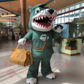 Forest Green Megalodon mascot costume character dressed with a Romper and Tote bags