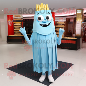 Sky Blue French Fries mascot costume character dressed with a Sheath Dress and Shoe laces