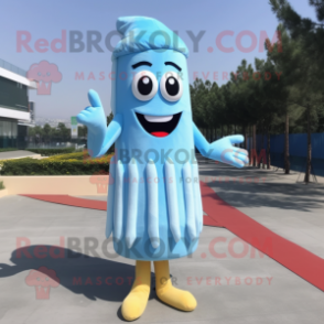 Sky Blue French Fries mascot costume character dressed with a Sheath Dress and Shoe laces