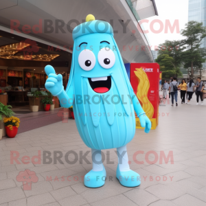 Sky Blue French Fries mascot costume character dressed with a Sheath Dress and Shoe laces