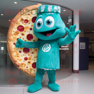 Teal Pizza Slice mascot costume character dressed with a Playsuit and Gloves