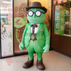 Green Chocolates mascot costume character dressed with a Dress Pants and Eyeglasses