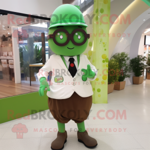 Green Chocolates mascot costume character dressed with a Dress Pants and Eyeglasses