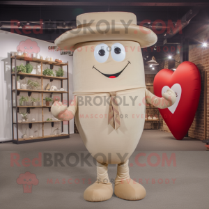 Beige Heart mascot costume character dressed with a Sheath Dress and Hats