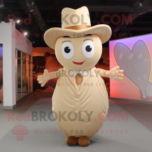 Beige Heart mascot costume character dressed with a Sheath Dress and Hats