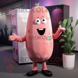 Pink Cucumber mascot costume character dressed with a Cardigan and Tie pins