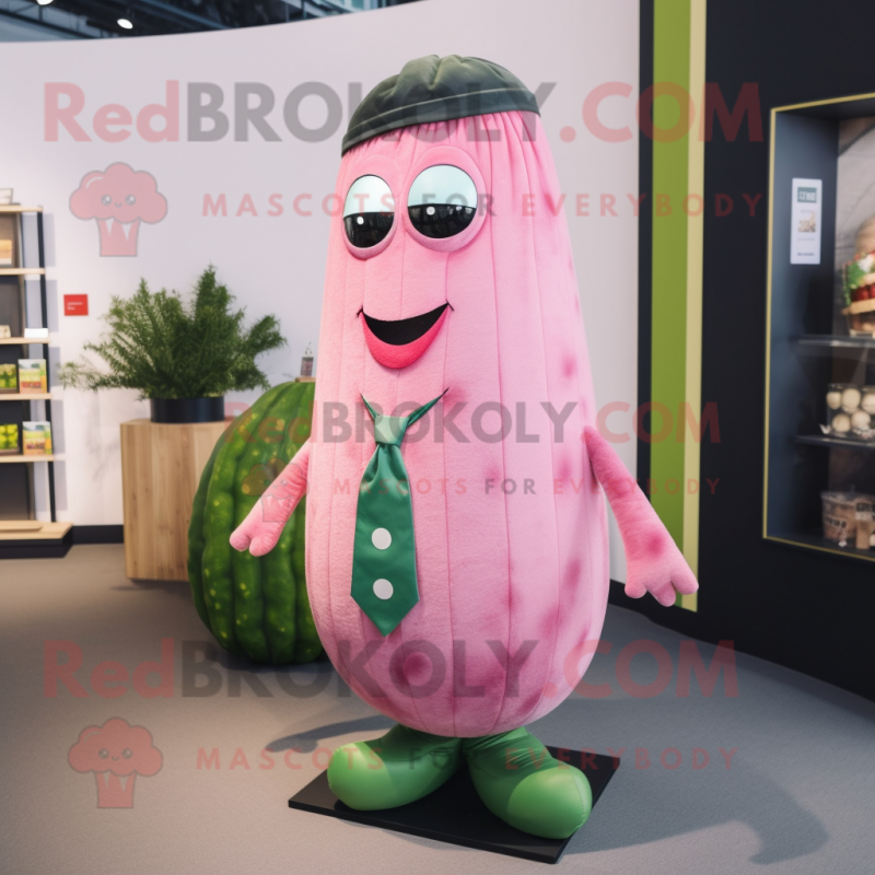 Pink Cucumber mascot costume character dressed with a Cardigan and Tie pins