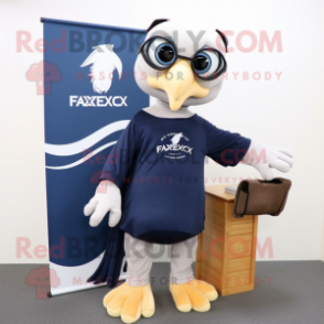 Navy Archeopteryx mascot costume character dressed with a Long Sleeve Tee and Reading glasses