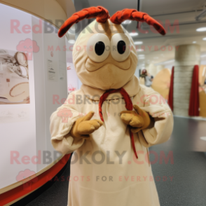 Beige Lobster Bisque mascot costume character dressed with a A-Line Dress and Shawls