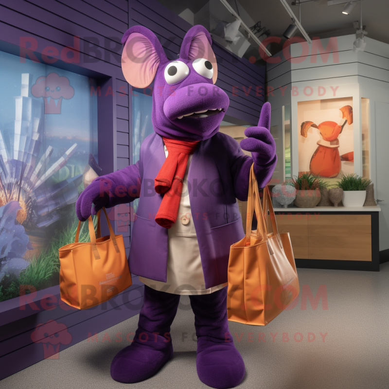 Purple Lobster Bisque mascot costume character dressed with a Jacket and Tote bags