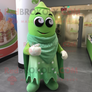 Green Ice Cream mascot costume character dressed with a Vest and Shawl pins