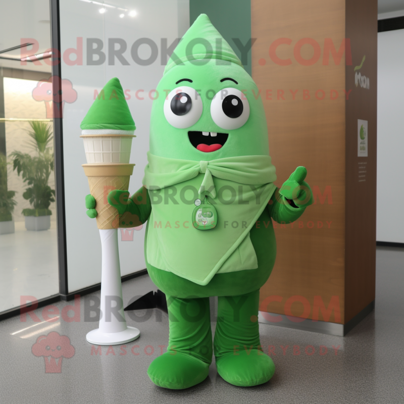 Green Ice Cream mascot costume character dressed with a Vest and Shawl pins