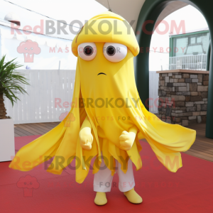 Lemon Yellow Squid mascot costume character dressed with a Skirt and Scarf clips