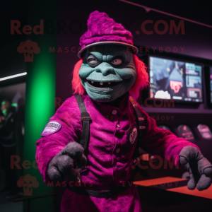 Magenta Frankenstein'S Monster mascot costume character dressed with a Rash Guard and Berets