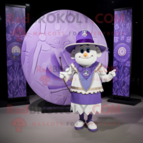Lavender Celtic Shield mascot costume character dressed with a Romper and Hat pins
