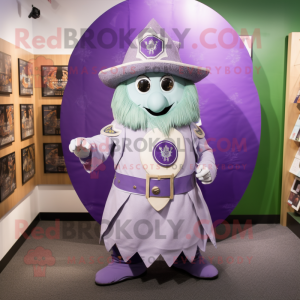Lavender Celtic Shield mascot costume character dressed with a Romper and Hat pins