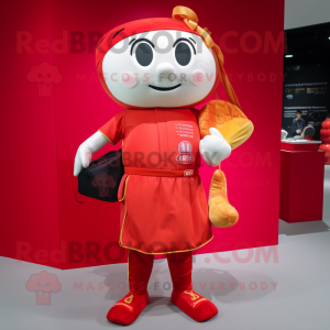 Red Pad Thai mascot costume character dressed with a Polo Shirt and Coin purses