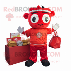 Red Pad Thai mascot costume character dressed with a Polo Shirt and Coin purses