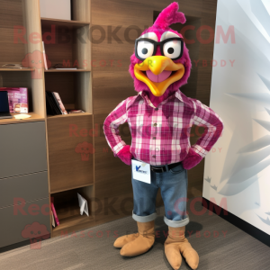 Magenta Chicken mascot costume character dressed with a Flannel Shirt and Pocket squares