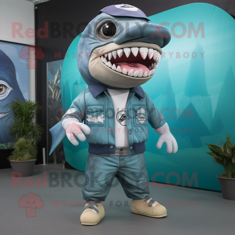 Cyan Megalodon mascot costume character dressed with a Cargo Shorts and Shoe laces