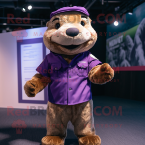 Purple Otter mascot costume character dressed with a Cargo Pants and Necklaces