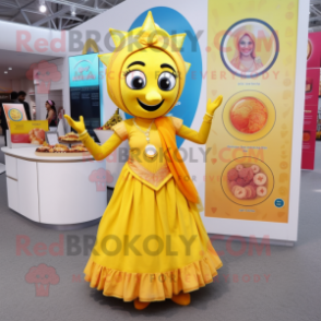 Lemon Yellow Tikka Masala mascot costume character dressed with a Circle Skirt and Coin purses